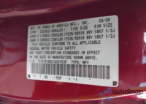 2007 Acura Rdx from USA, damaged, VIN 5J8TB18547A007939